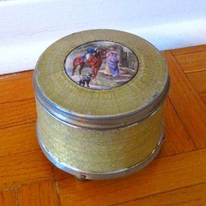 VTG powder Puff Antique Tin Vanity Powder Puff Music Box | Footed Trinket 1900